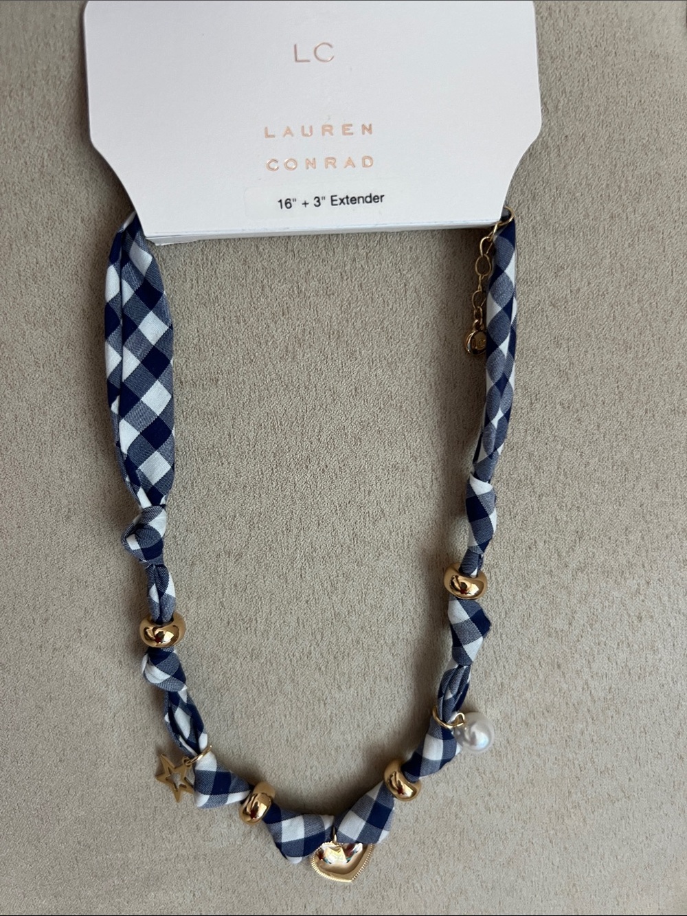 NWT LC Lauren Conrad Navy and White Gingham Necklace with Gold Accents